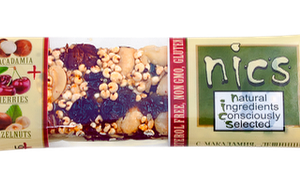 Roher Powerriegel mit MACADAMIA, HASELNUSS UND KIRSCHE “Nics”, 40 g